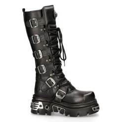 Bottes Hautes Coquées New Rock Metallic En Cuir Noir