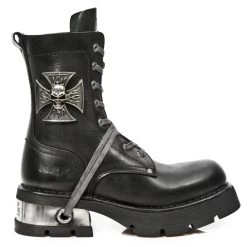 NEW ROCK Bottines Neo Biker En Cuir Itali Noir Avec Skull Et...