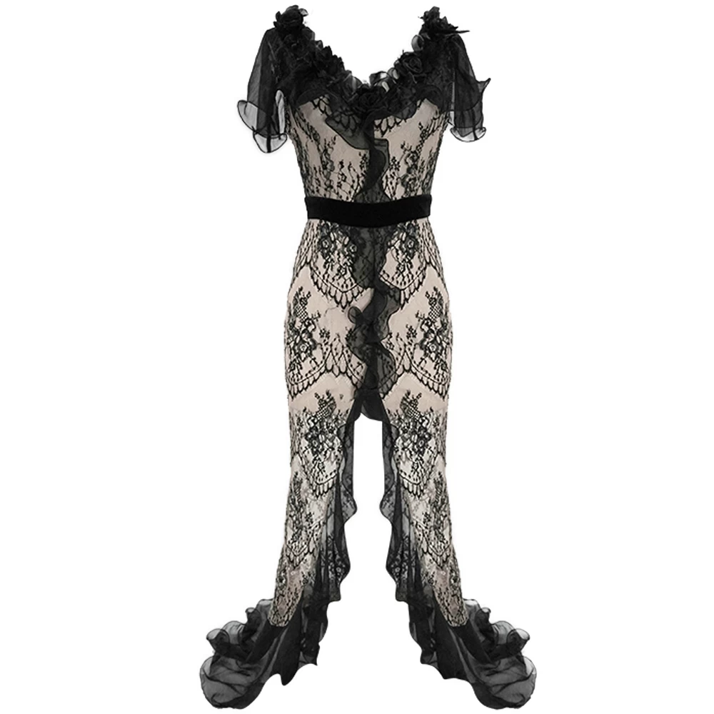 Robe Longue En Dentelle Transparente Et Mousseline... 9 Robe Longue En Dentelle Transparente Et Mousseline... – Image 7